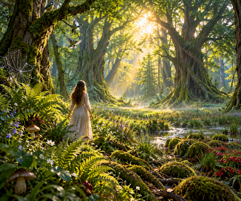 Märchenhafter Wald im goldenen Morgenlicht
